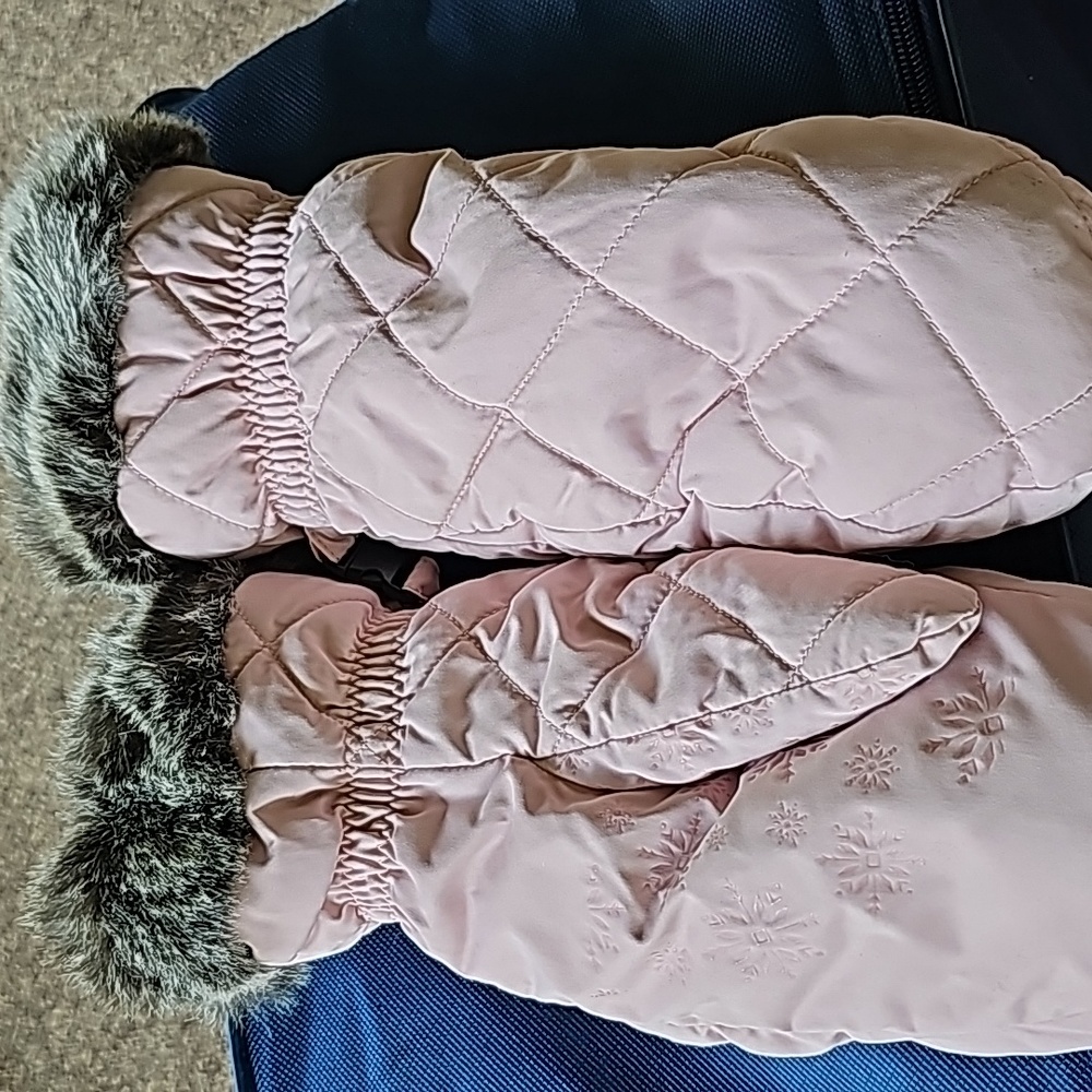 Eddie Bauer Pink Quilted Mittens with Faux Fur Trim